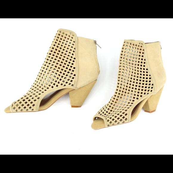 JEFFREY CAMPBELL Size 8.5 Retain Suede Perforated Peep Toe Tan Bootie - Picture 2 of 10